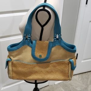 Straw rattan purse with turquoise accents